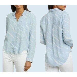 RAILS Ingrid Raw Hem Blue & White Full Button Blouse Top Size Medium